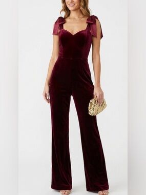 Endless Rose Velvet Tie-Shoulder Wide Leg Jumpsuit Burgundy XS